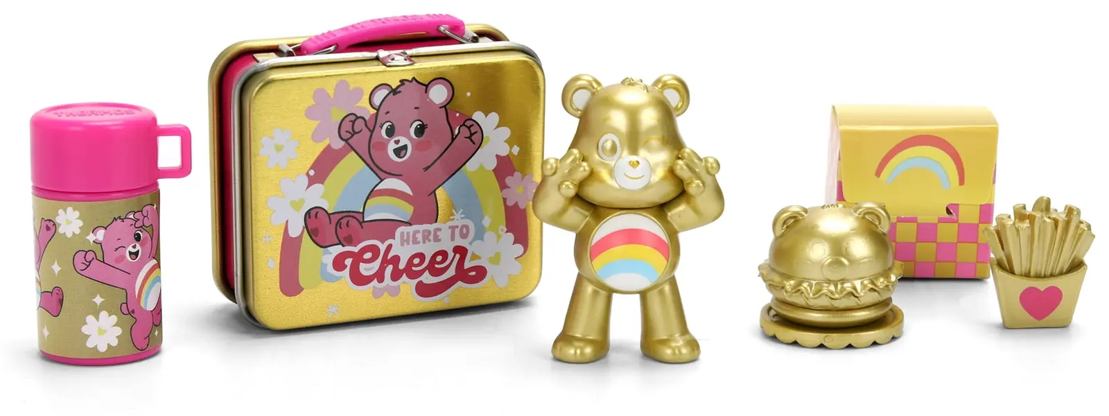 Detalle del set completo de Cheer Bear Gold Chase de Care Bears Lunch Buddies con termo, fiambrera dorada, figura dorada, hamburguesa y patatas
