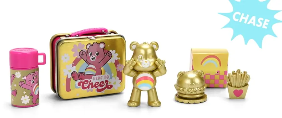 Cheer Bear Gold Chase de Care Bears Lunch Buddies con la marca CHASE y la fiambrera dorada Here to Cheer