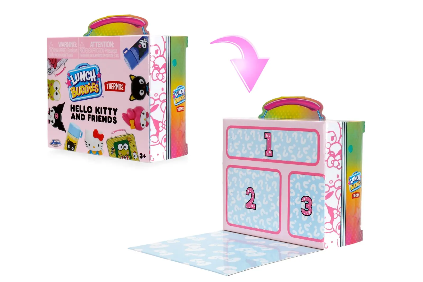Caja de Sanrio Lunch Buddies abierta mostrando los tres compartimentos sorpresa numerados 1, 2 y 3