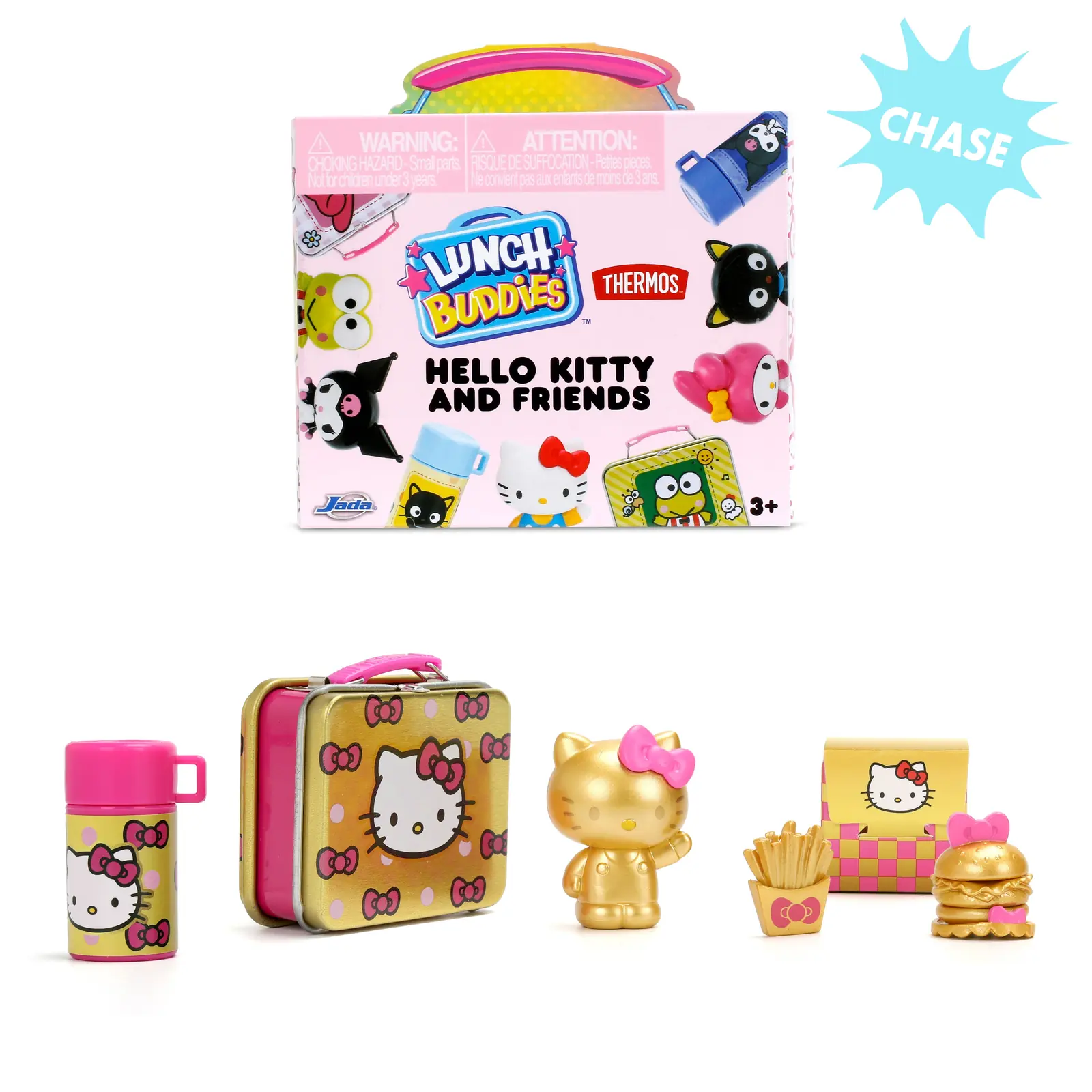 Chase Hello Kitty dorada de Sanrio Lunch Buddies con fiambrera, termo, figura y comida en acabado dorado metálico