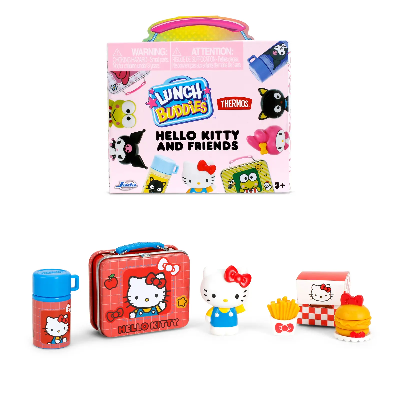 Set de Hello Kitty de Sanrio Lunch Buddies con fiambrera roja de cuadros, termo azul, figura con peto y hamburguesa con patatas