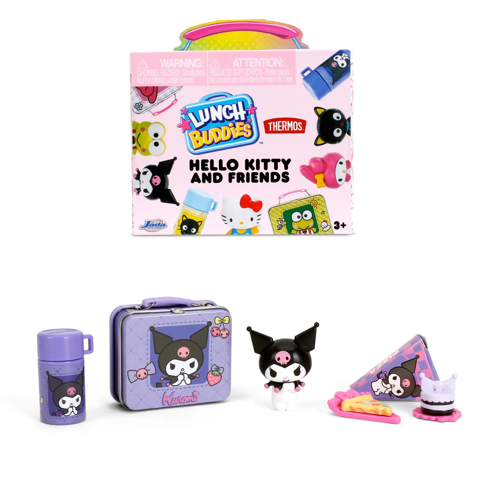 Set de Kuromi de Sanrio Lunch Buddies con fiambrera lila de dulces y fresas, termo morado y caja triangular de pizza