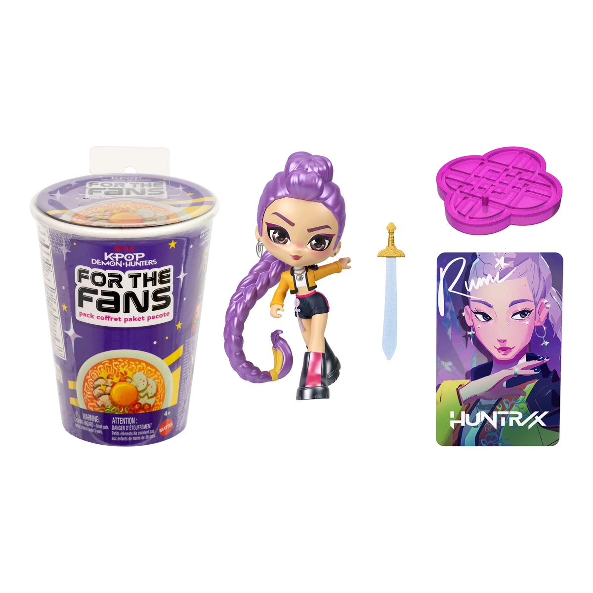 KPop Demon Hunters For the Fans de Mattel: vaso de ramyeon sorpresa junto a la figura de Rumi con su espada, base y tarjeta de coleccionista