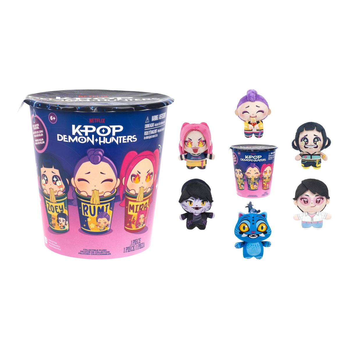 KPop Demon Hunters Mini Ramyeon Cups de Jazwares: el vaso sorpresa cerrado junto a los seis peluches de la colección