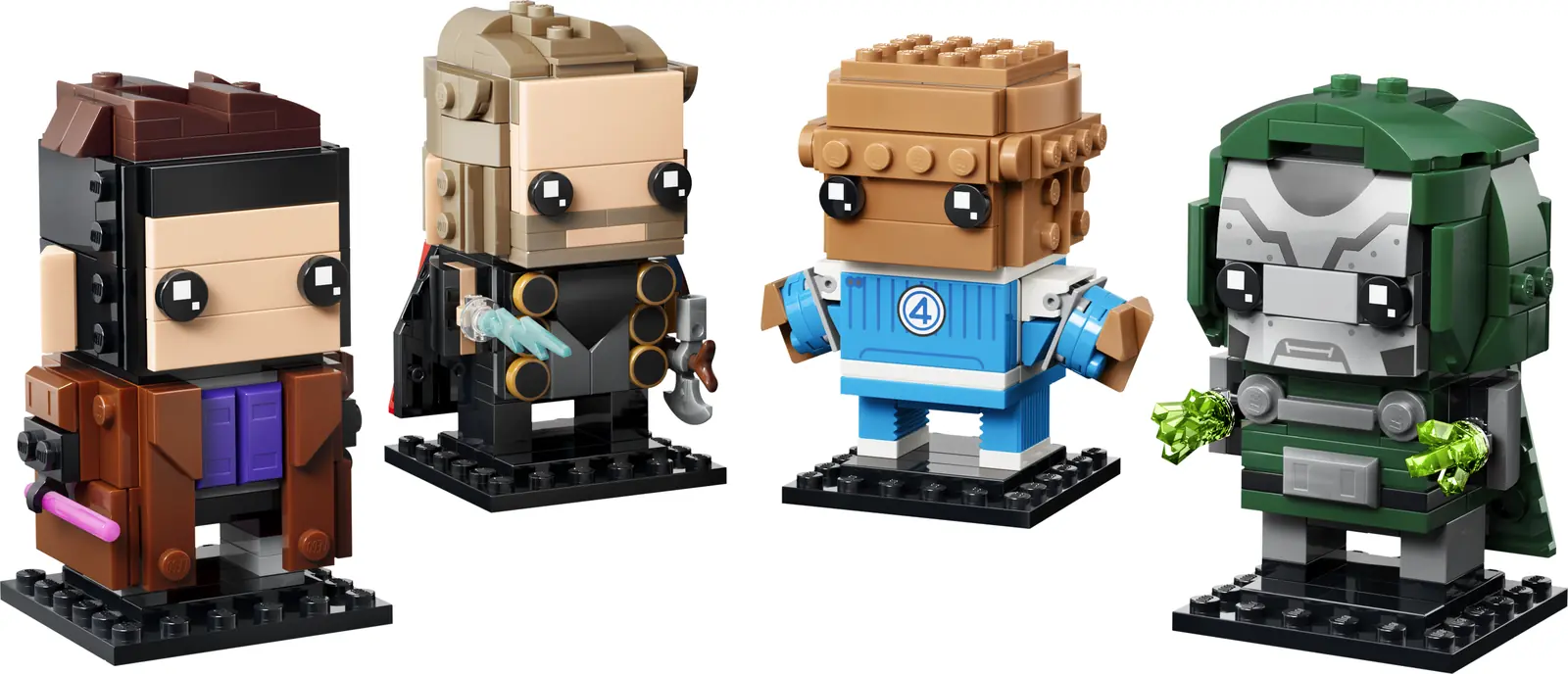 Los cuatro BrickHeadz del pack LEGO 40880: Gambit, Thor, The Thing y Doctor Doom con sus bases