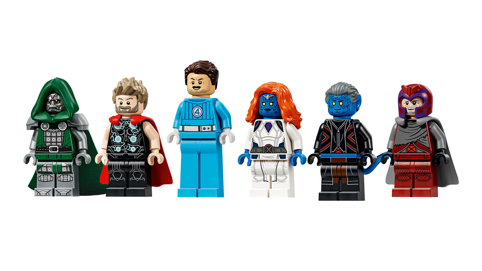 Lineup de las seis minifiguras del set LEGO 76348 con los debuts de Mystique y Nightcrawler junto a Doctor Doom, Thor, Mister Fantastic y Magneto
