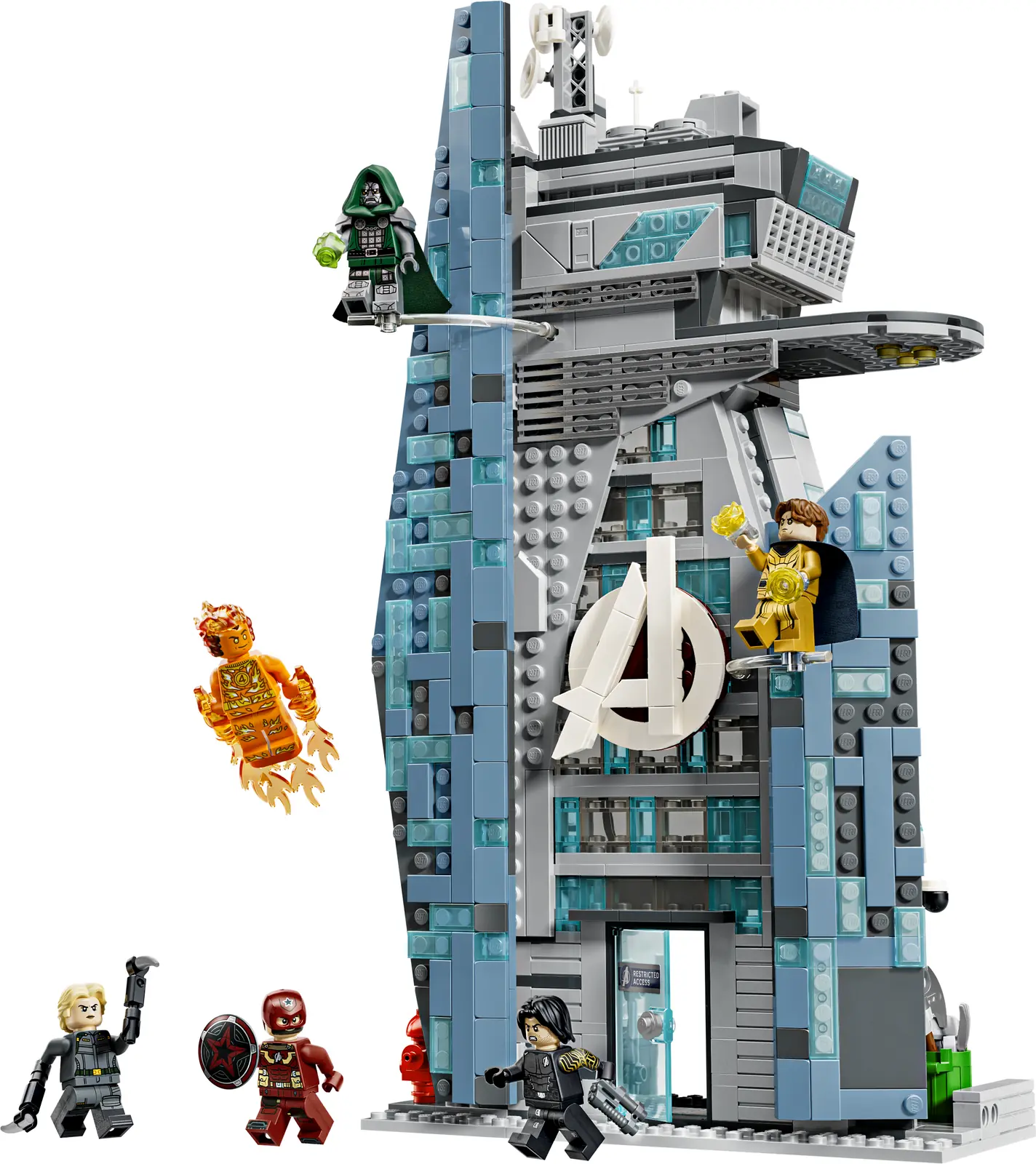 La Nueva Torre Vengadores LEGO 76352 de cuatro niveles con Doctor Doom, Sentry, Human Torch y el resto de minifiguras