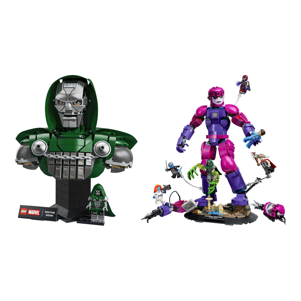 Sets LEGO Avengers Doomsday 2026: el busto de Doctor Doom 76345 junto al Sentinel articulado del set 76348 con sus minifiguras