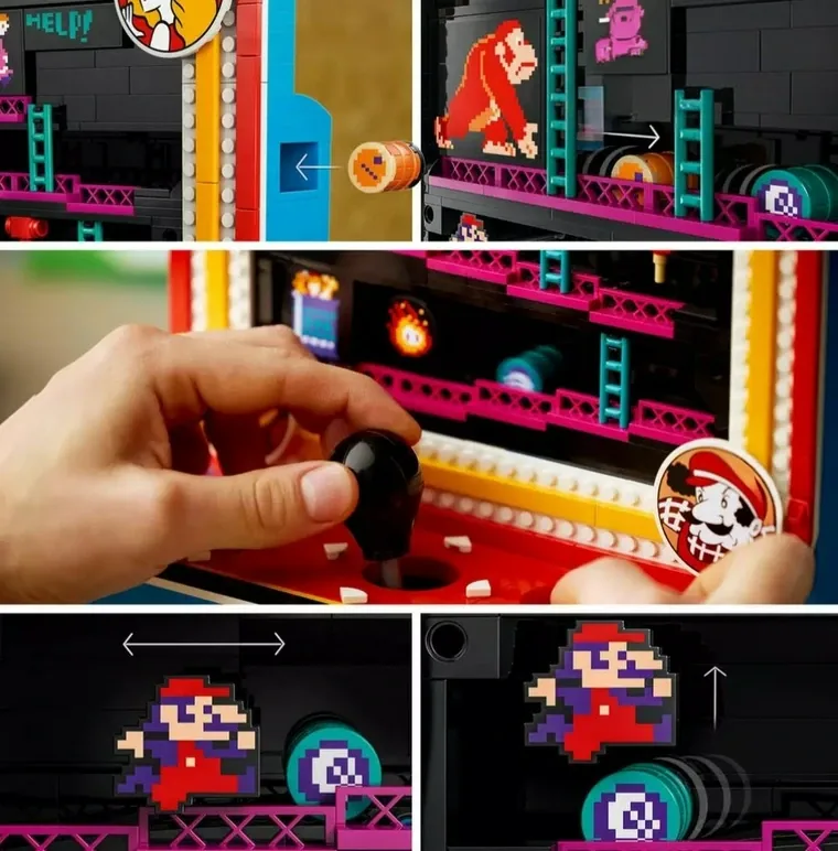 Collage de los mecanismos del LEGO Donkey Kong Arcade 72051: circuito de barriles, joystick y salto de Jumpman