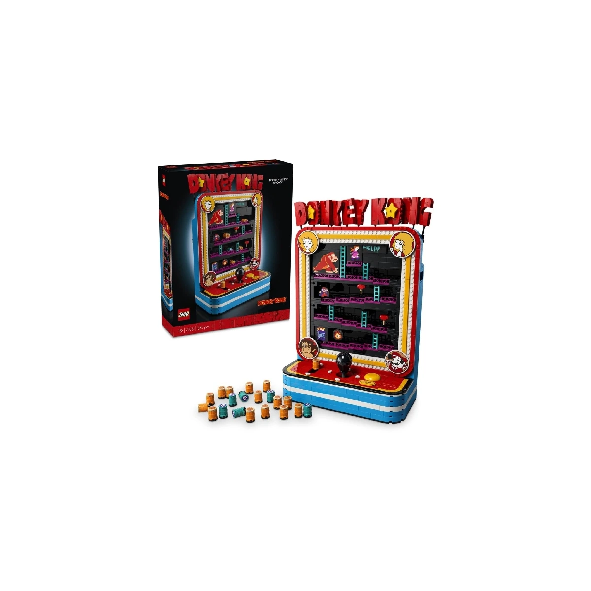 LEGO Donkey Kong Arcade 72051 con su caja y los barriles del set sobre fondo blanco