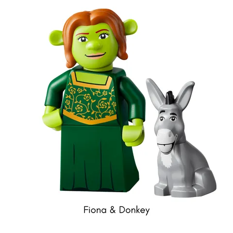 Minifigura de Fiona junto a la figura de Asno de la serie LEGO Minifigures Shrek 71053