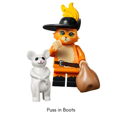 Minifigura del Gato con Botas con saco y una Ratita Ciega de la serie LEGO Minifigures Shrek 71053