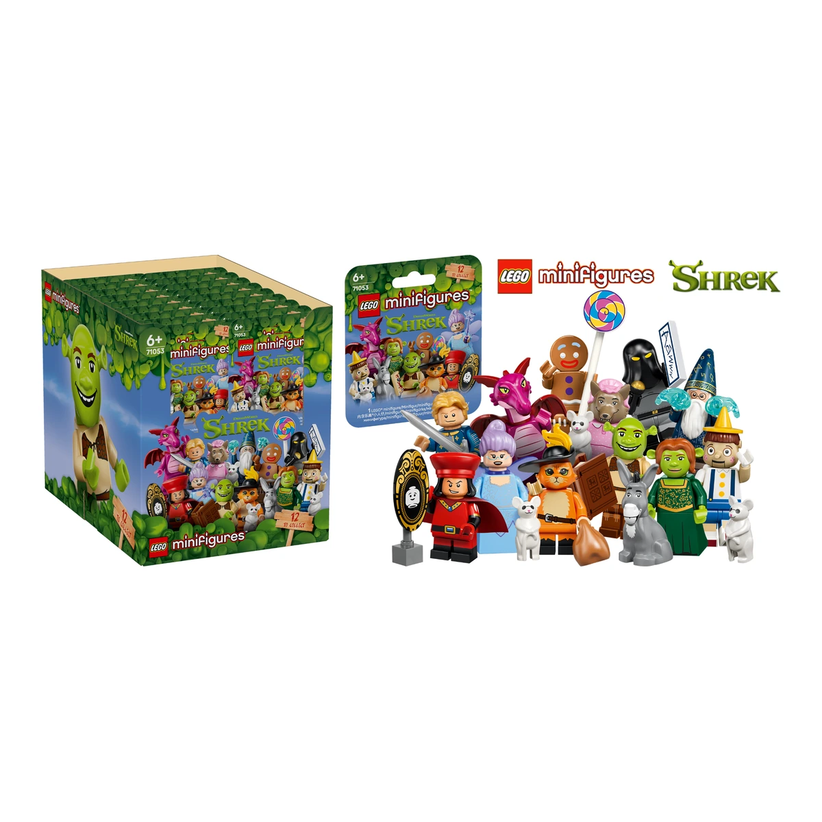 LEGO Minifigures Shrek 71053: caja expositora de la serie y las 12 minifiguras con Asno y las Ratitas Ciegas