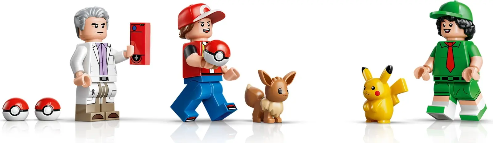 Minifiguras del set LEGO Pokémon 72154: Profesor Oak con Pokédex, Rojo con Poké Ball, Eevee, Pikachu y la Dominguera