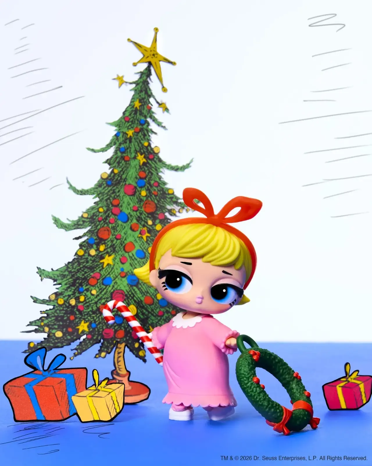Cindy Lou Who de L.O.L. Surprise Loves Dr. Seuss con la corona navideña