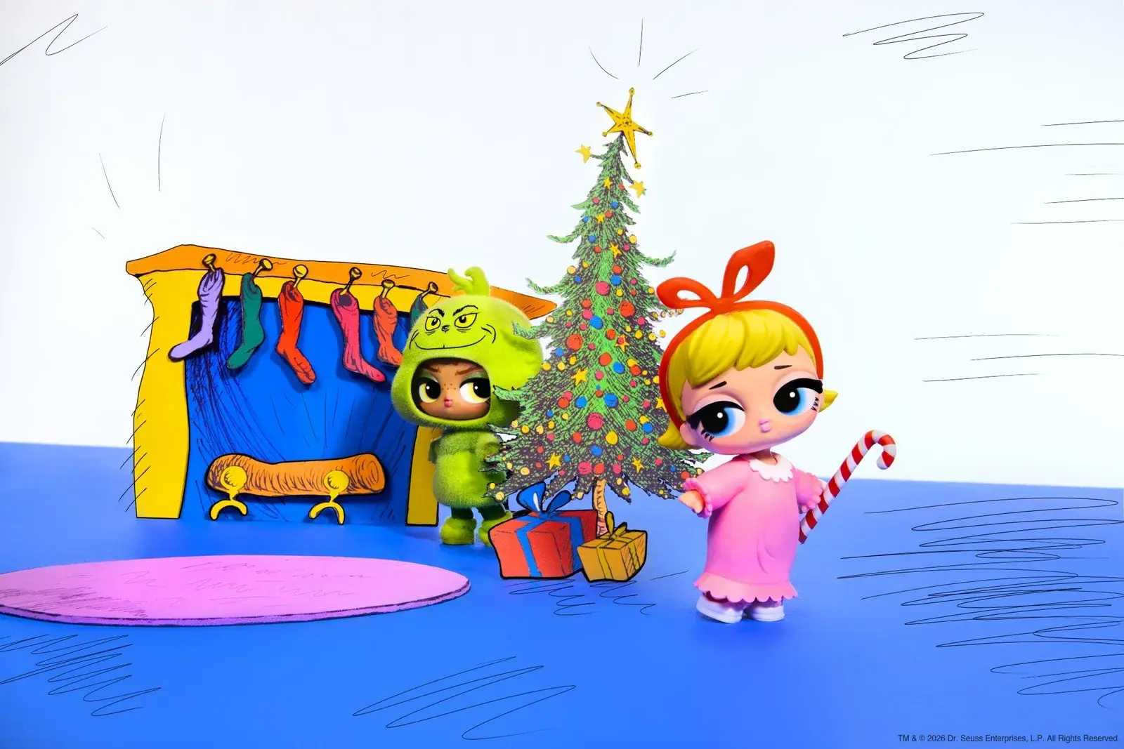 El Grinch y Cindy Lou Who juntos en la escena navideña de L.O.L. Surprise Loves Dr. Seuss