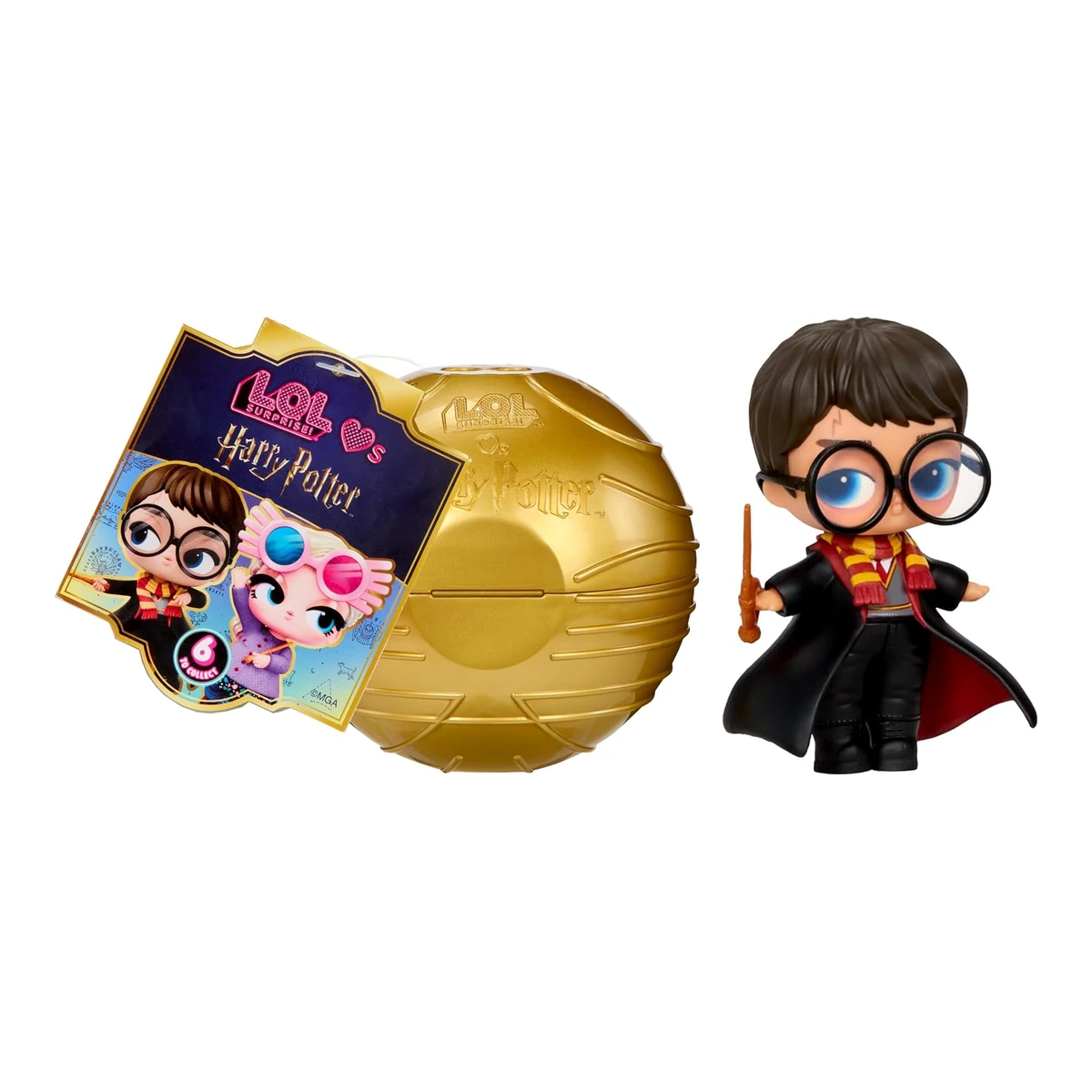 L.O.L. Surprise Loves Harry Potter Tots: bola dorada que se convierte en la Snitch Dorada junto a los Tots de Harry, Ron, Hermione y Moaning Myrtle translúcida