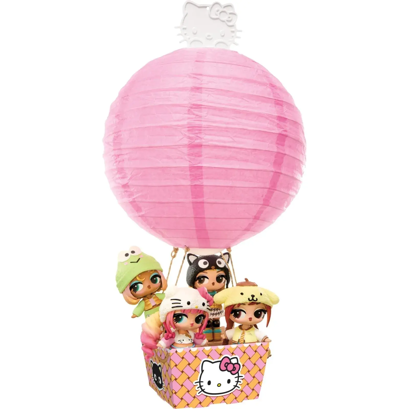 Globo aerostático rosa montado del Bigger Surprise de L.O.L. Surprise Loves Hello Kitty con las cuatro Tots en la cesta