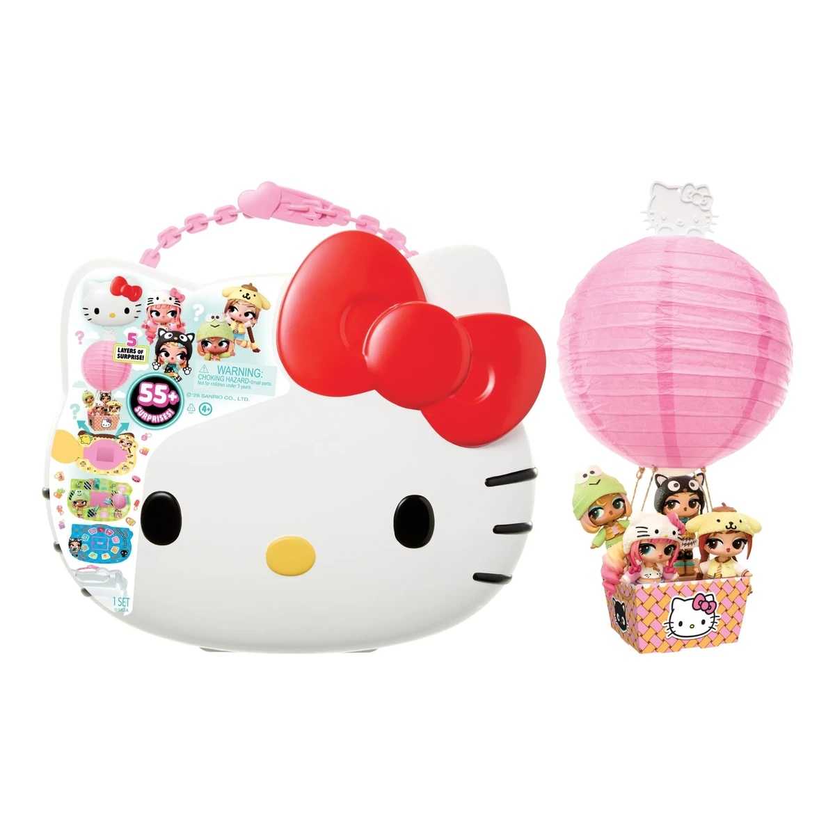 Bigger Surprise de L.O.L. Surprise Loves Hello Kitty: el estuche con forma de Hello Kitty junto al globo aerostático con las 4 Tots