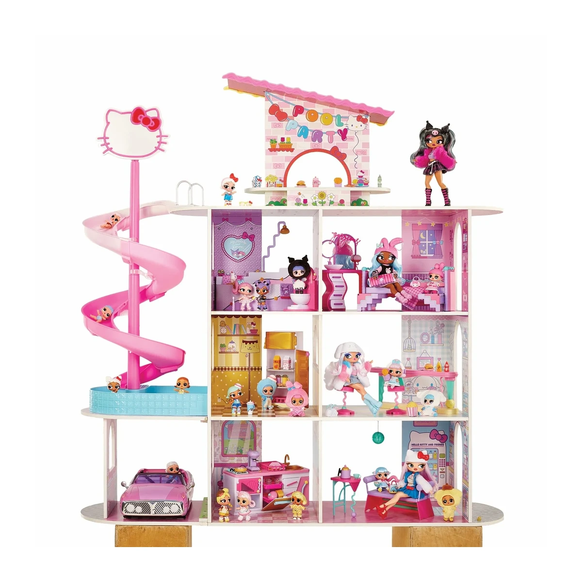 Casa de L.O.L. Surprise Loves Hello Kitty and Friends con cuatro plantas, tobogán espiral rosa y piscina