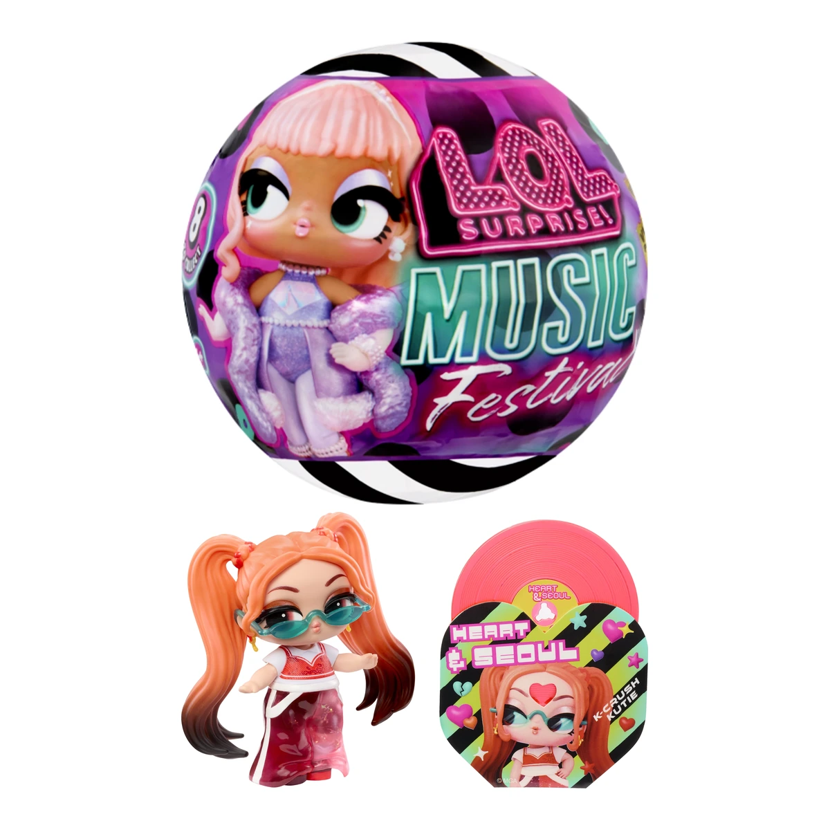 L.O.L. Surprise Music Festival: bola blind con mu&ntilde;eca Tot, el Tot K-Crush Kutie y el packaging Heart & Seoul de la colecci&oacute;n con Rosal&iacute;a y Jennie