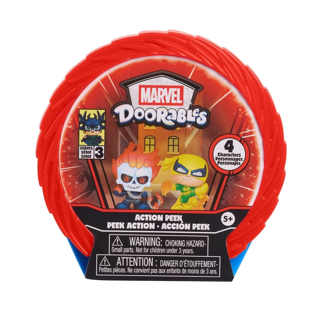 Marvel Doorables Action Peek Series 3: cápsula circular roja de Just Play con Ghost Rider e Iron Fist en la carátula
