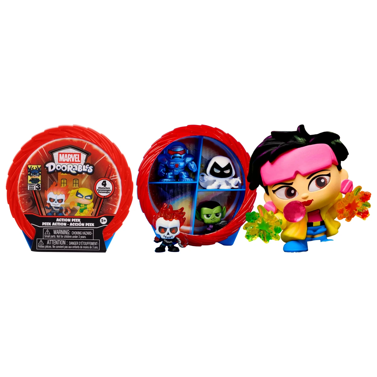 Marvel Doorables Action Peek: cápsula circular de Just Play con 4 compartimentos y mini figuras Marvel coleccionables