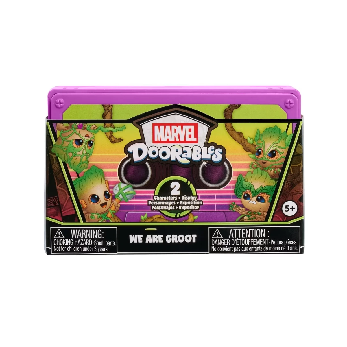 Marvel Doorables We Are Groot Collector Capsule: caja casete morada de Just Play con Groot y otro héroe Marvel dentro