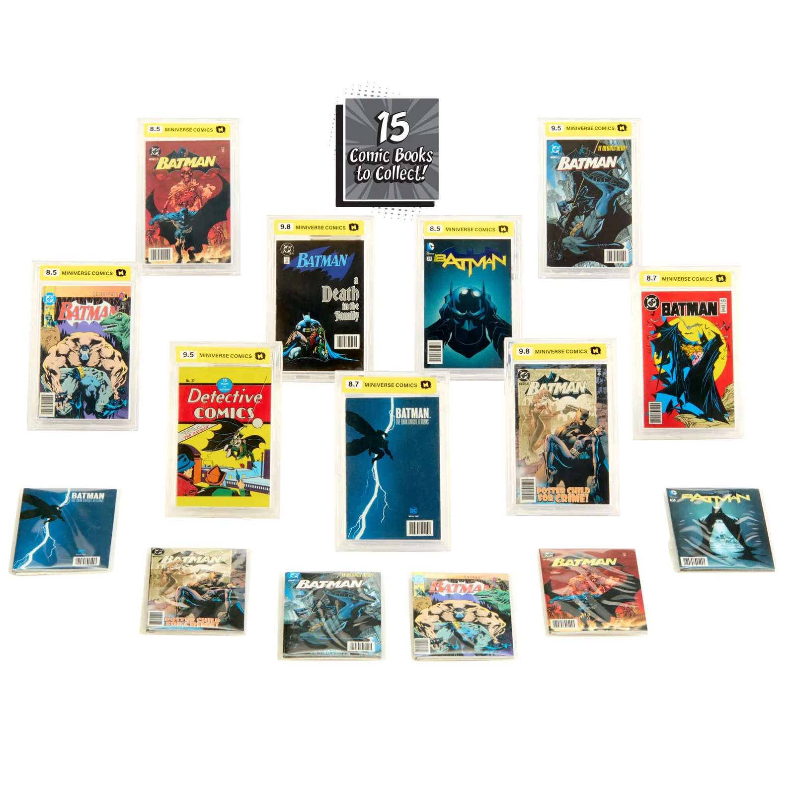 Checklist oficial de los 15 mini cómics de Miniverse Batman Series 1, con las portadas sueltas y las de funda rígida tipo cómic graduado