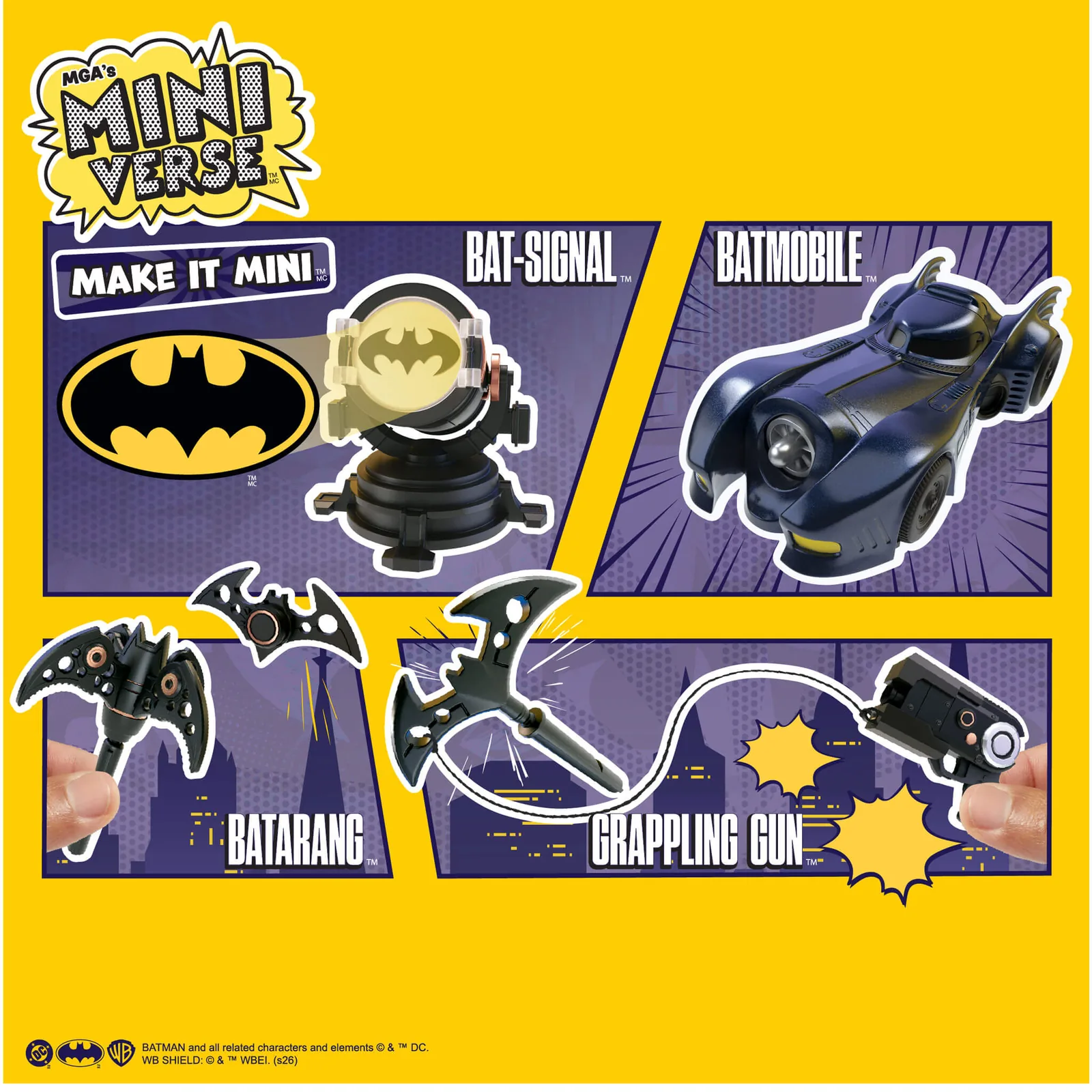 Los 4 gadgets de Miniverse Batman con sus funciones: el Bat-Signal se ilumina, el Batmóvil rueda al empujarlo, el Batarang despliega las alas y la Grappling Gun lleva cable con garfio