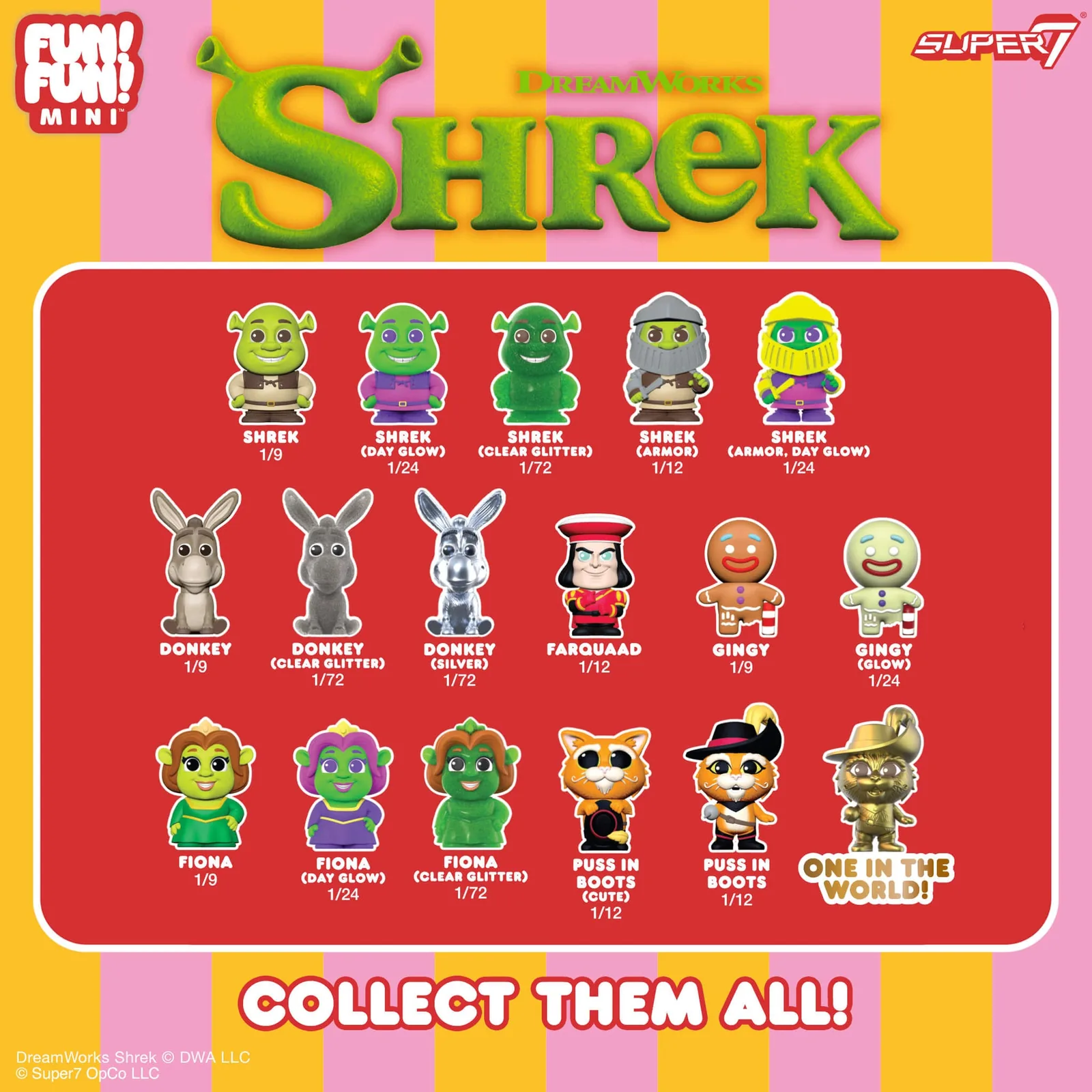 Checklist oficial de las 16 figuras de Shrek FUN! FUN! MINI Wave 01 con sus probabilidades