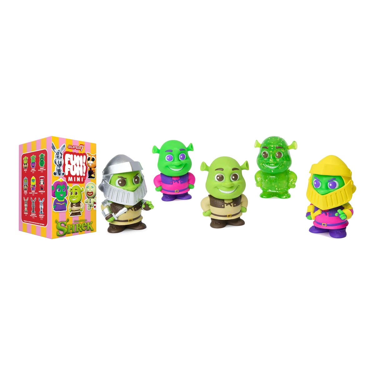 Caja blind box de Shrek FUN! FUN! MINI de Super7 junto a cinco figuras de Shrek de la Wave 01