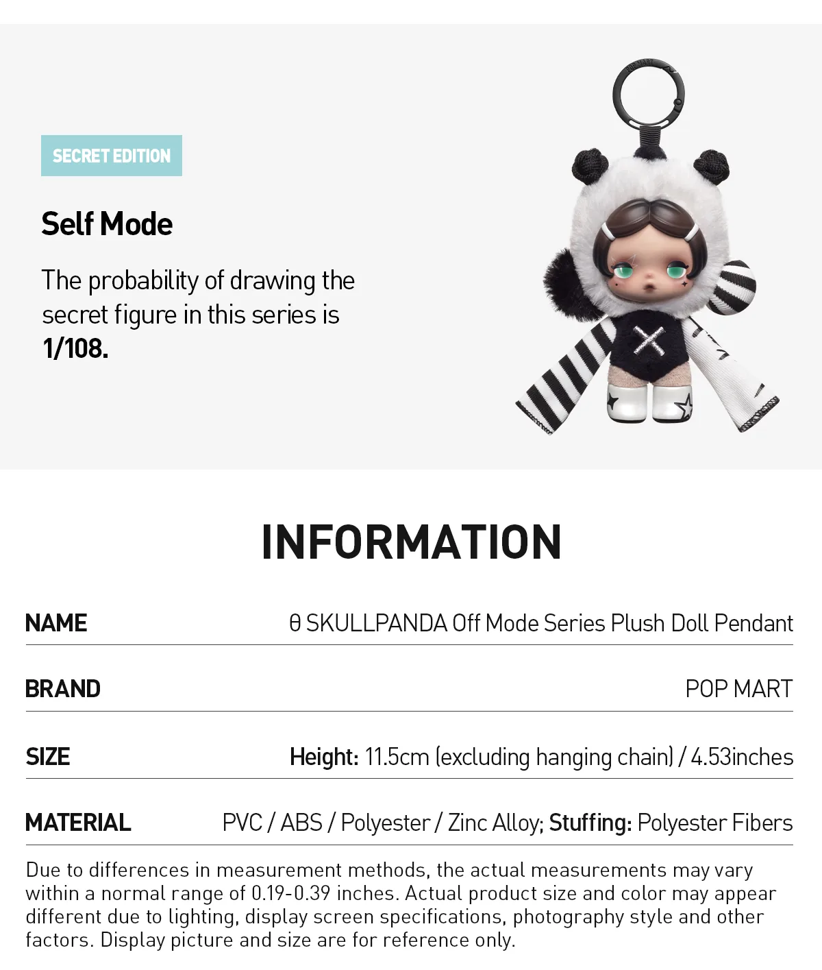 Lámina oficial del secreto Self Mode de SKULLPANDA Off Mode con la probabilidad 1/108, la altura de 11,5 cm y los materiales