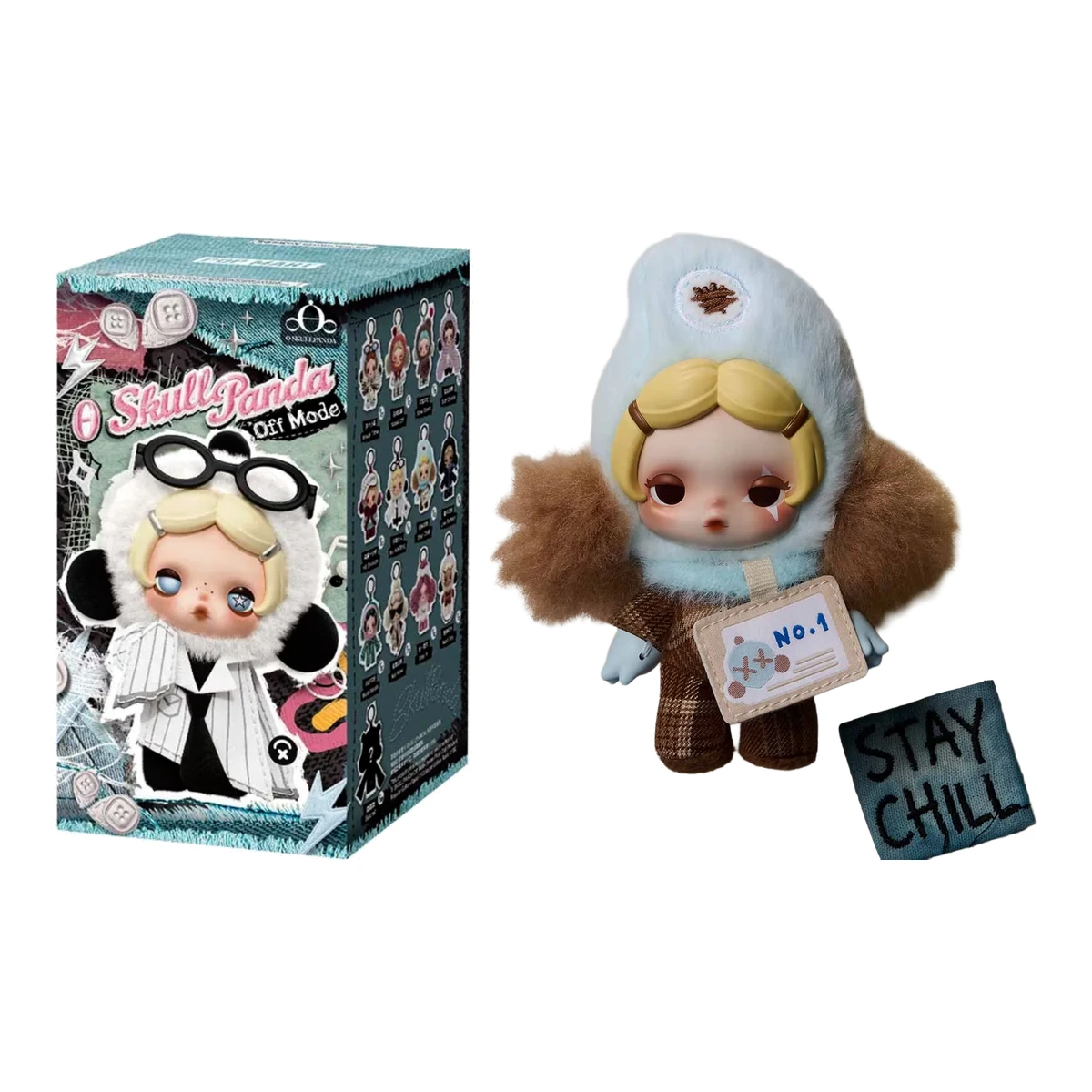 Caja blind box de SKULLPANDA Off Mode Series junto al colgante de peluche Stay Chill de POP MART