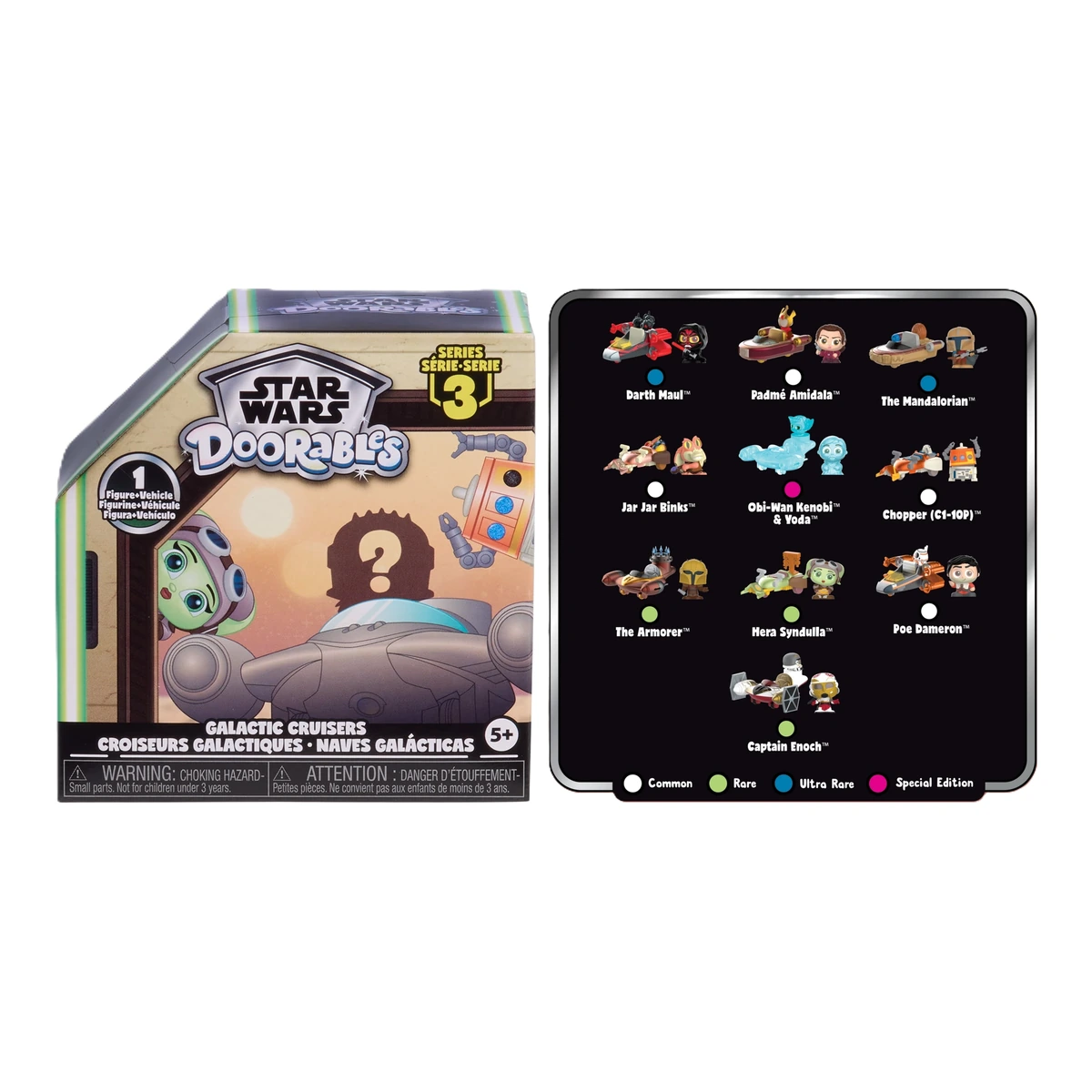 Star Wars Doorables Galactic Cruisers Series 3: caja y checklist con los 10 personajes, Darth Maul, Padmé Amidala, The Mandalorian, Jar Jar Binks, Obi-Wan y Yoda, Chopper, The Armorer, Hera Syndulla, Poe Dameron y Captain Enoch