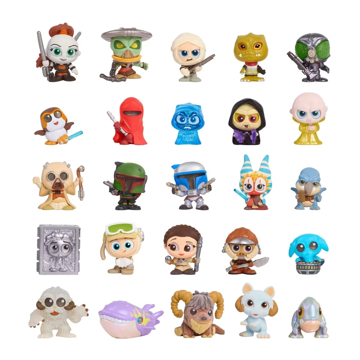 Las 25 figuras de Star Wars Doorables Galaxy Peek Series 5 con las cinco Creature Cuties especiales: Aurra Sing, Boba Fett, Jango Fett, Darth Maul holograma, Palpatine, Han Solo en carbonita, Wampa, Tauntaun, Bantha, Blurrg y Purrgil