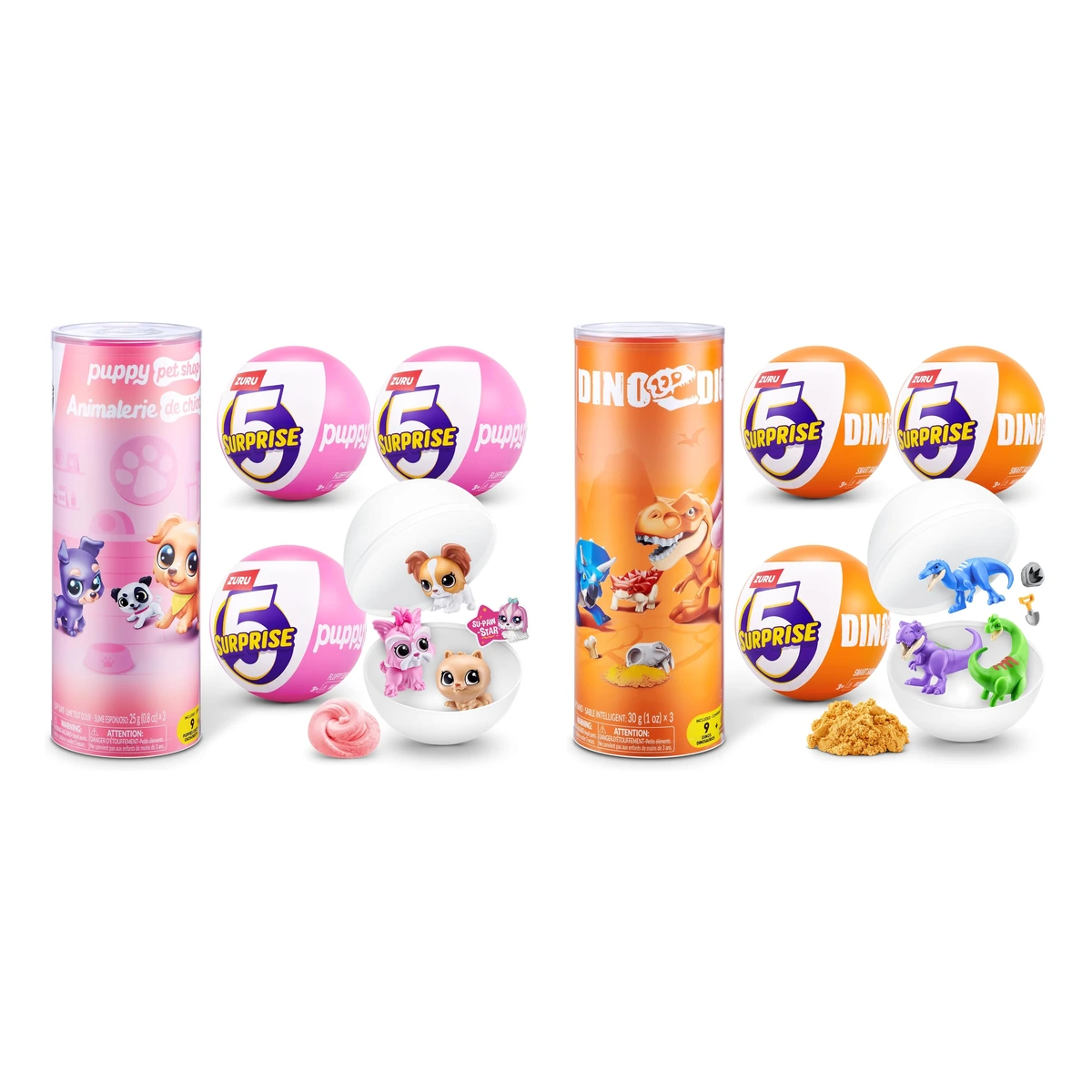 ZURU 5 Surprise Dino Dig (tubo naranja) y Puppy Pet Shop (tubo rosa), los dos packs de 3 c&aacute;psulas ya en Amazon.es