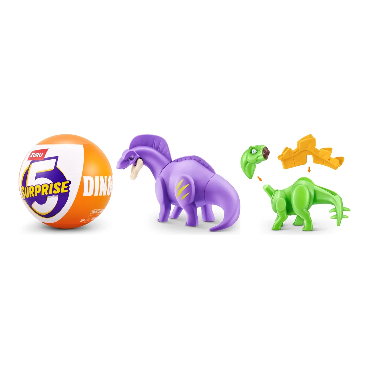 ZURU 5 Surprise Dinos Series 1, el Dino Dig de las tiendas: cápsula naranja junto al dinosaurio morado y el verde con sus piezas de montaje