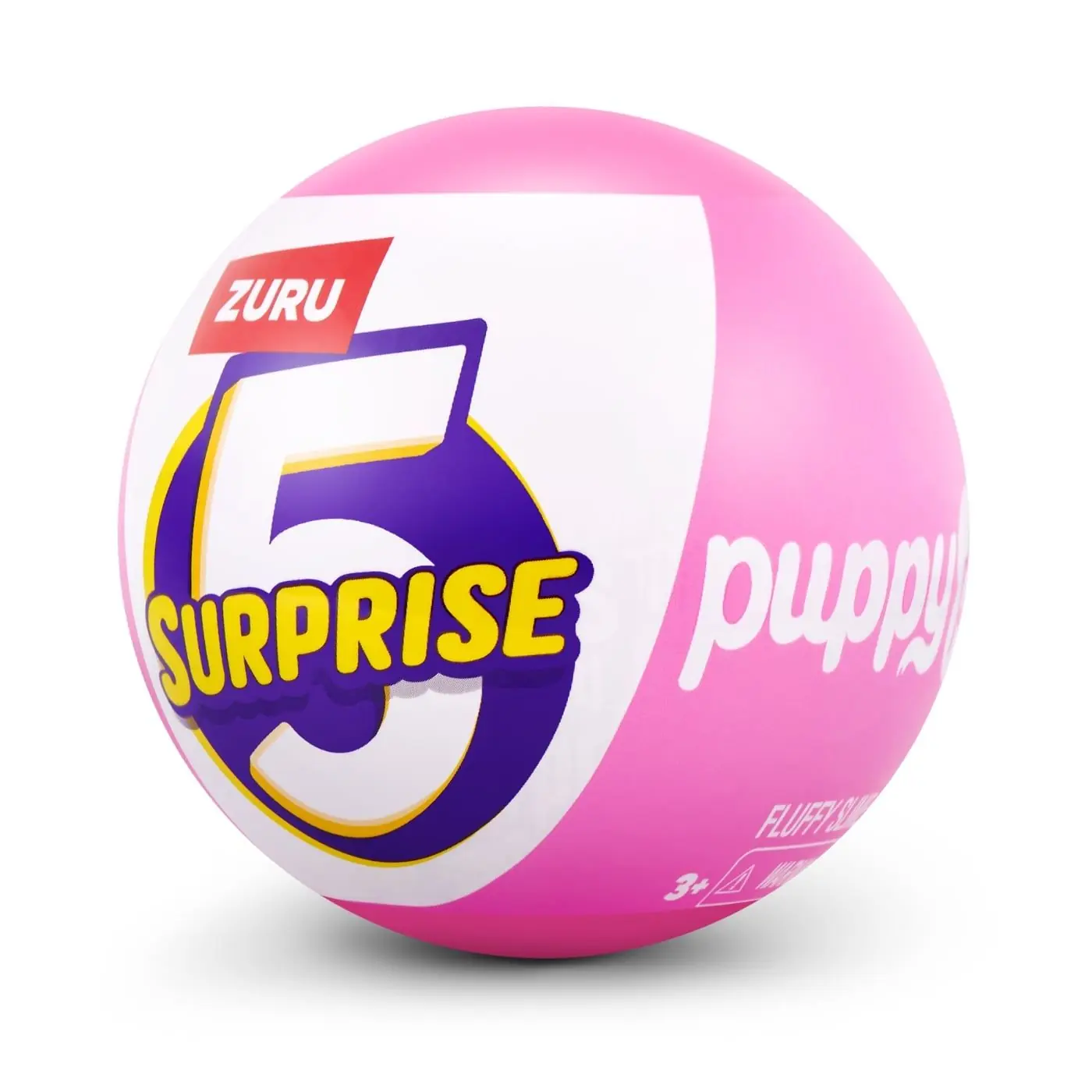 Frontal de la cápsula rosa de ZURU 5 Surprise Puppy Pet Shop con el rótulo puppy y la referencia al Fluffy Slime