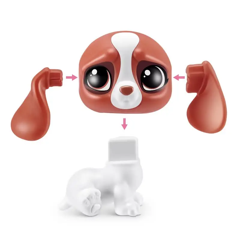 Cachorro marrón y blanco de Puppy Pet Shop desmontado: cabeza, dos orejas y cuerpo con flechas de montaje