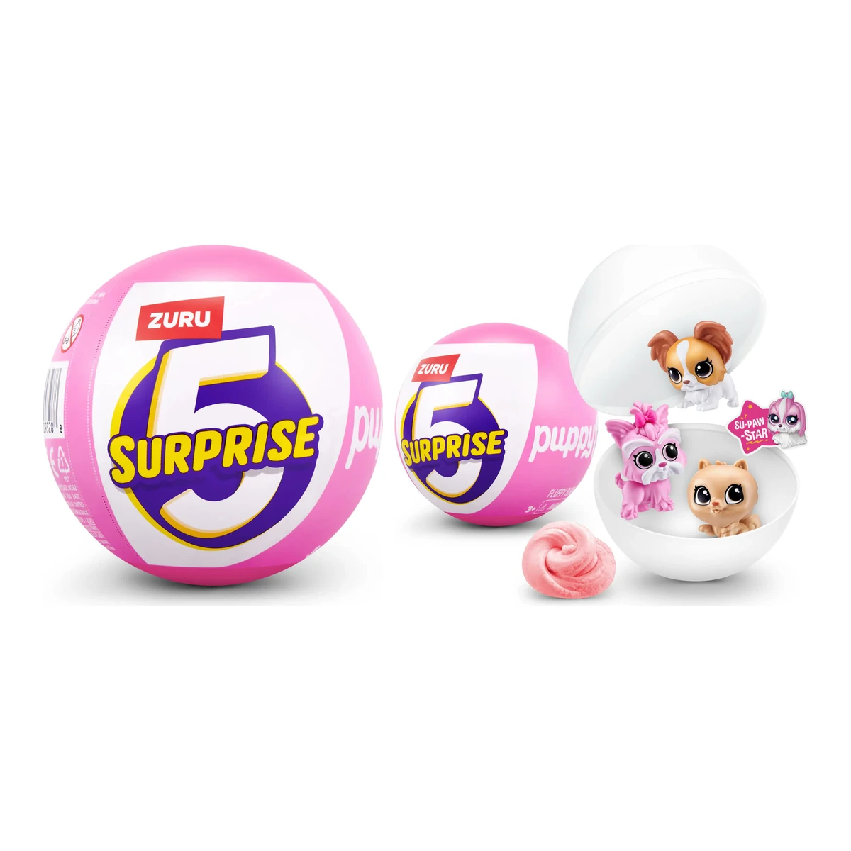 Cápsula rosa de ZURU 5 Surprise Puppy Pet Shop junto a la bola abierta con tres cachorros, el Fluffy Slime y la pegatina SU-PAW-STAR