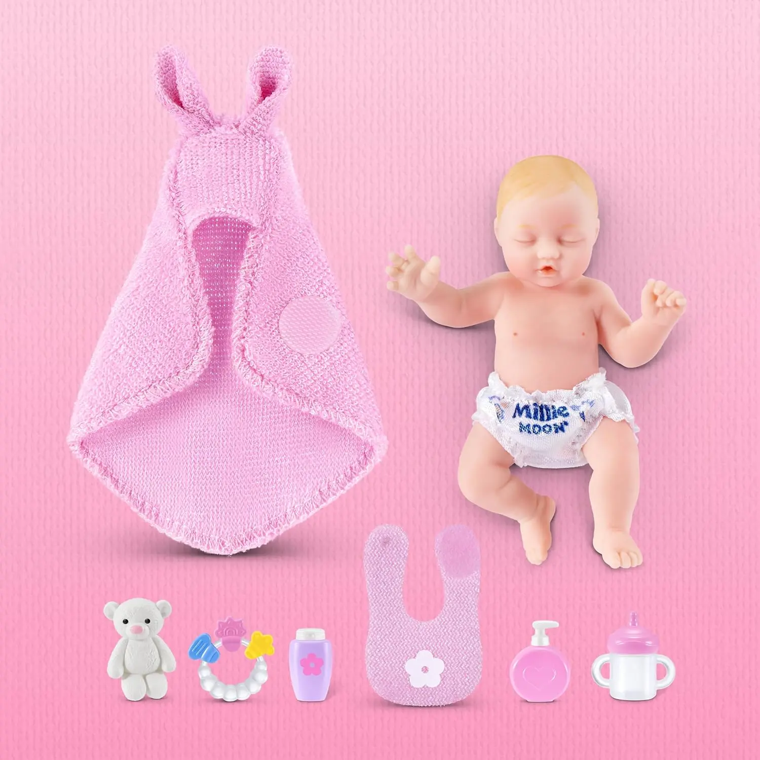 Bebé de My Mini Mom & Baby Surprise con el arrullo de orejas, babero, pañal y los cinco accesorios de cuidado