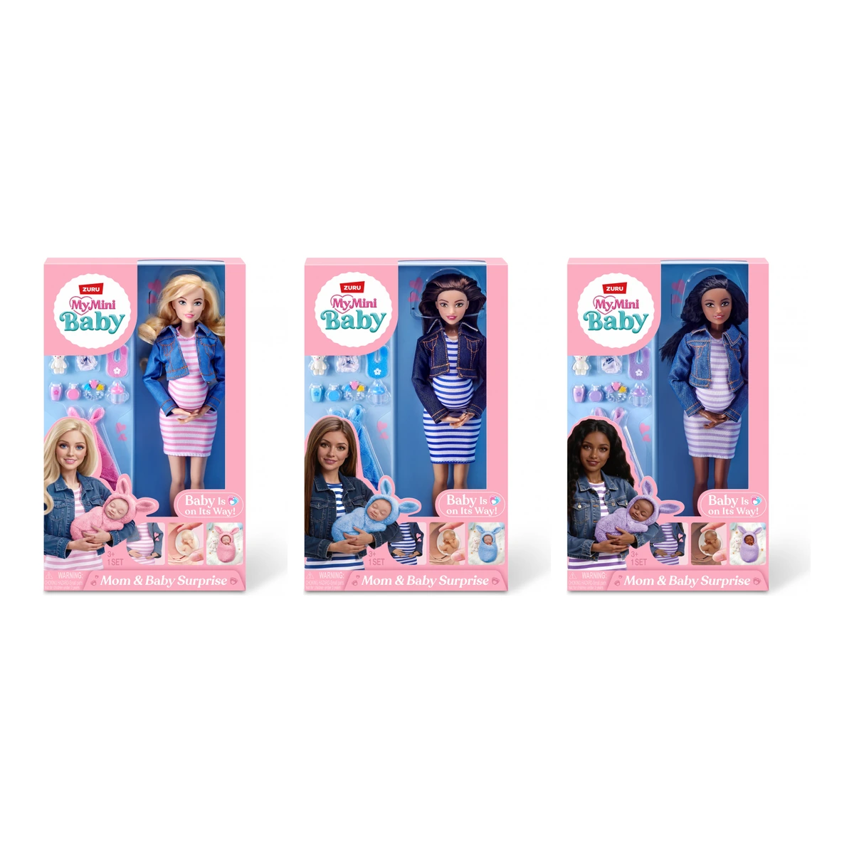 Las tres muñecas de ZURU My Mini Mom & Baby Surprise en sus cajas: Brittany rubia con paleta rosa, Maria castaña con paleta azul y Nickey con paleta lila
