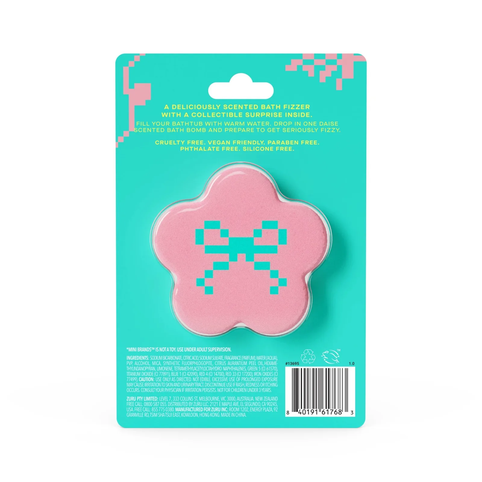 Reverso del envase de DAISE Bloom Bath Bomb con el UPC 840191617683, ingredientes y advertencias
