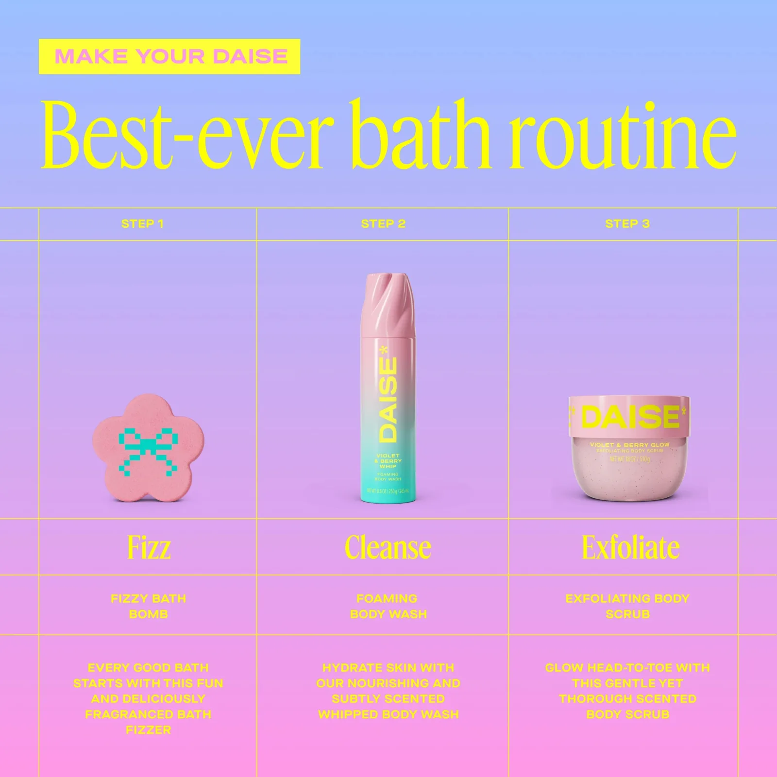 Rutina Bloom de DAISE en tres pasos: bomba de baño, foaming body wash y exfoliating body scrub Violet and Berry