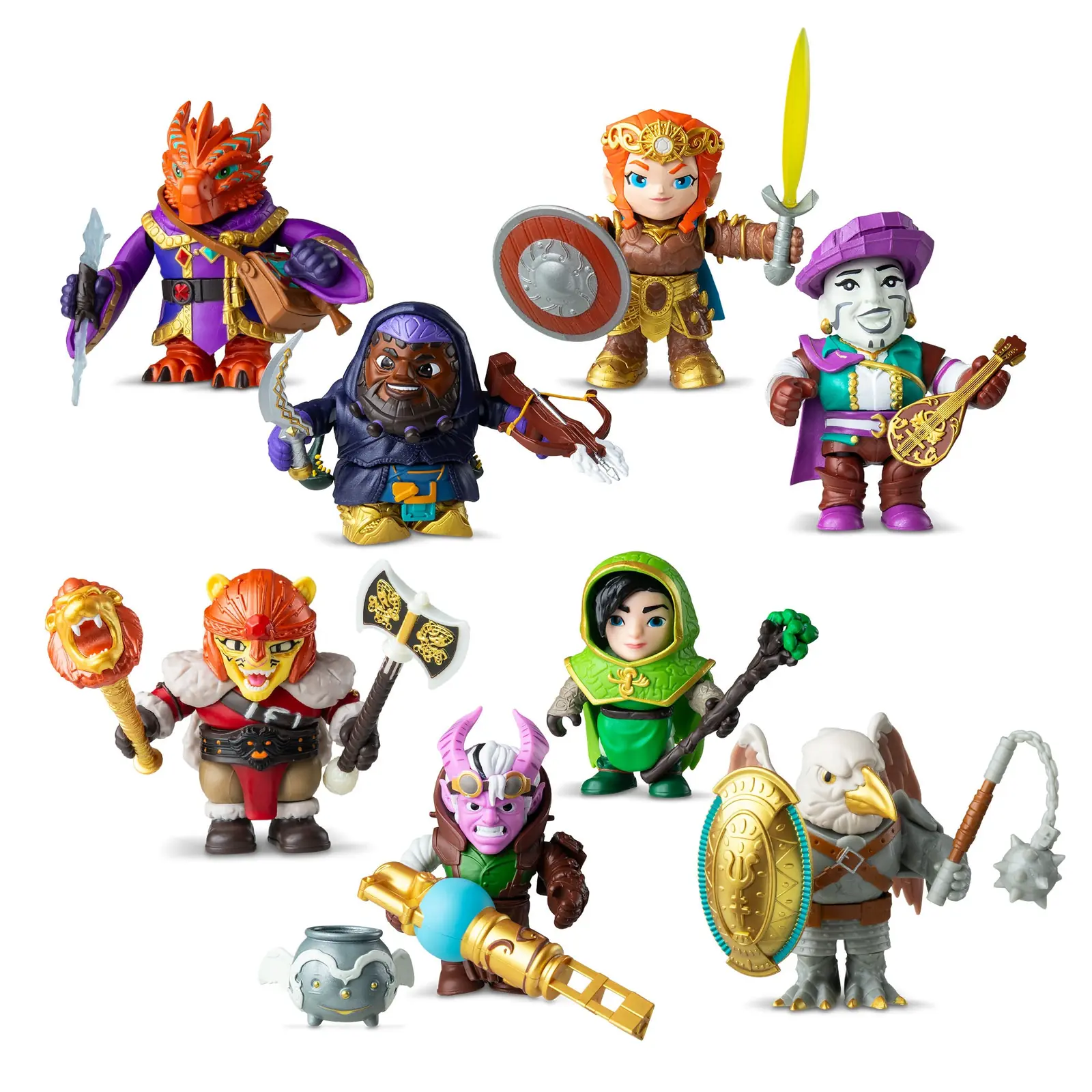 Los 8 Adventurers de Questers Quest 1 montados y con sus accesorios sobre fondo blanco