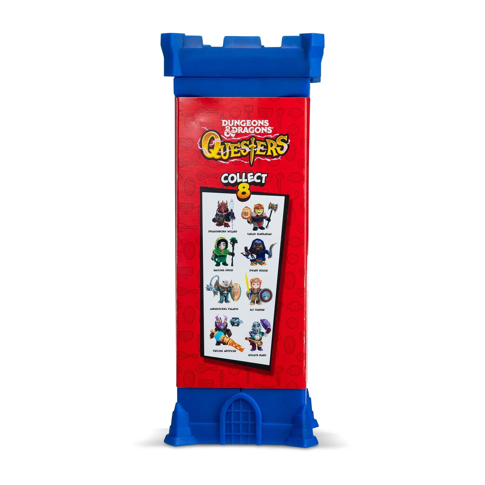 Reverso de la torre azul del formato Adventurer con el checklist de los 8 personajes