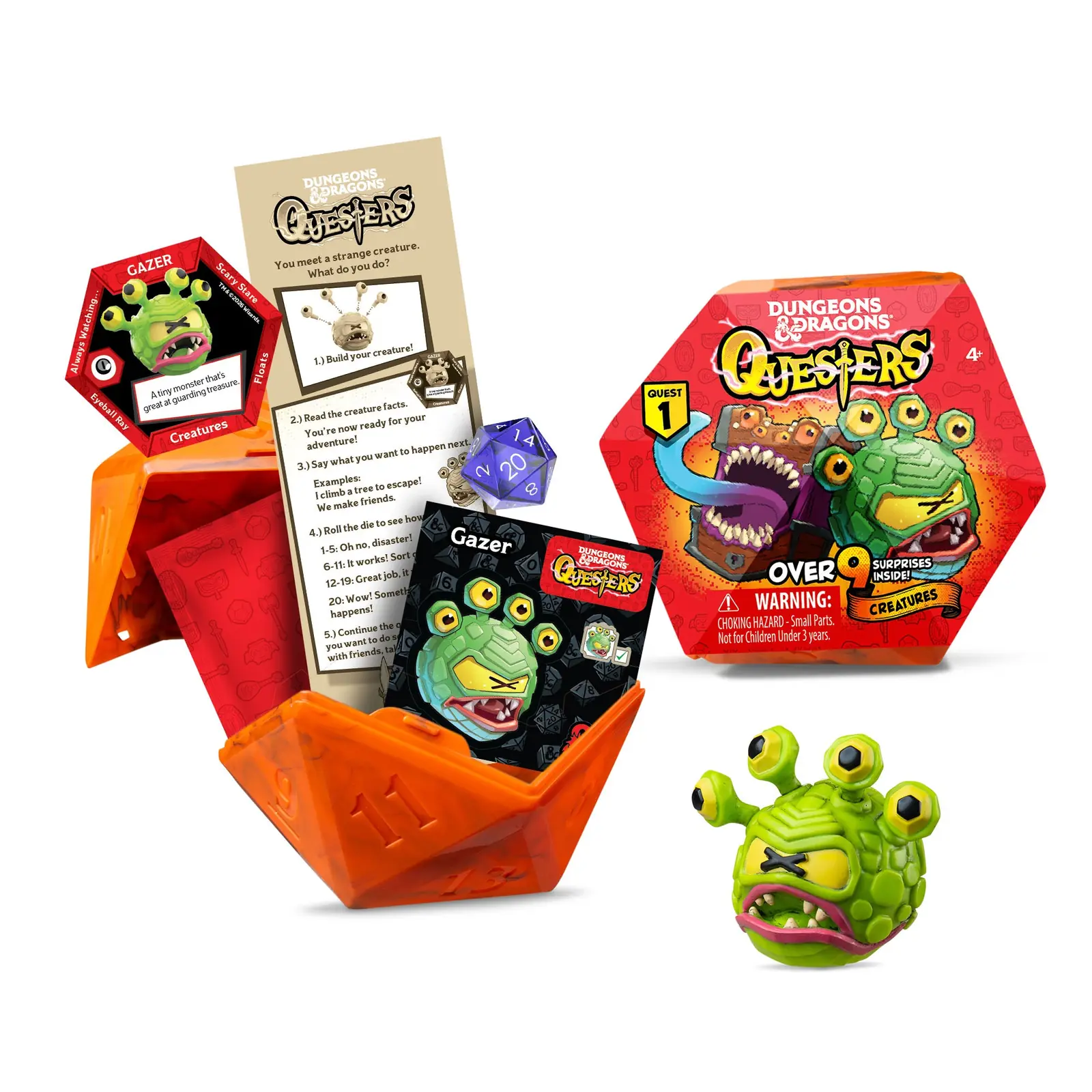 Cápsula facetada tipo D20 abierta con la Creature Gazer, su tarjeta, el story starter y el dado