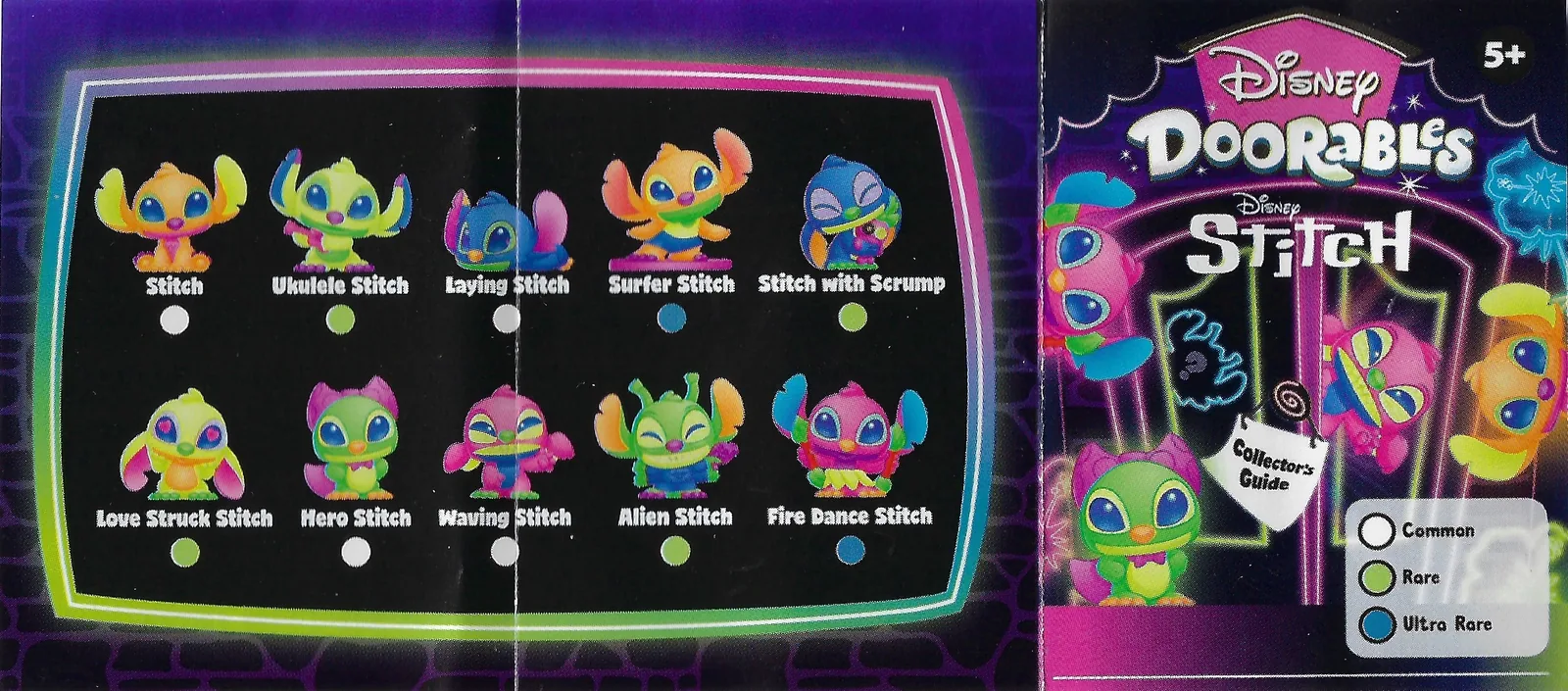 Checklist oficial de Disney Doorables Stitch Blacklight con las 10 figuras y la leyenda de rarezas Common, Rare y Ultra Rare