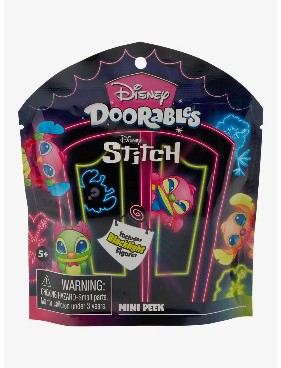 Frontal de la bolsa Mini Peek de Disney Doorables Stitch Blacklight con el aviso Includes Blacklight Figure